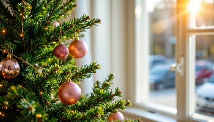 Morning light illuminates a decorated Christmas tree with pink and gold ornaments, positioned at the bottom with ample copy space above for a clean, ready position.