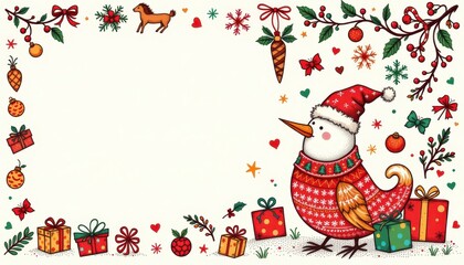 Doodle style Christmas design elements, subject on right, ample blank space on left for copy, clear positioning, suitable for photo.