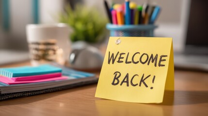 Handwritten Welcome Back Message on a Yellow PostIt Note, Perfect for Encouraging Positivity and Boosting Morale in Business Projects.
