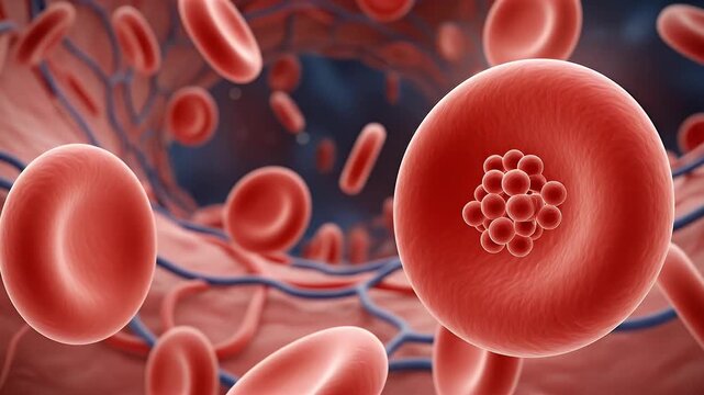 Red blood cells in a vessel one with a cluster of smaller red objects attached
