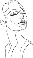 Stylish minimalist line art portrait of a woman showcasing elegant features and expressions. Black on transparent background.