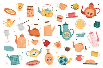 Cartoon cute colored glass and ceramic crockery with different pattern, tableware for tea ceremony and breakfast sticker. Kitchen utensils for tea party stickers set vector illustration