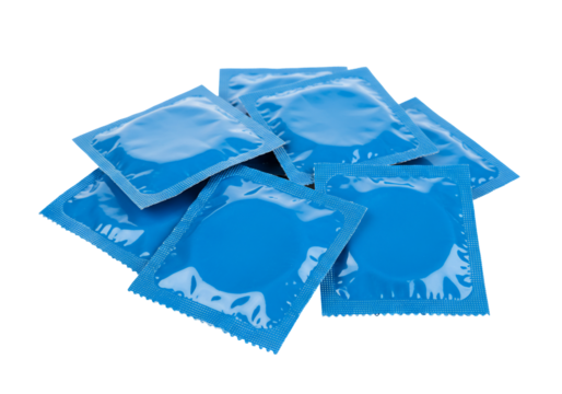 Blue condoms packets studio shot transparent background
