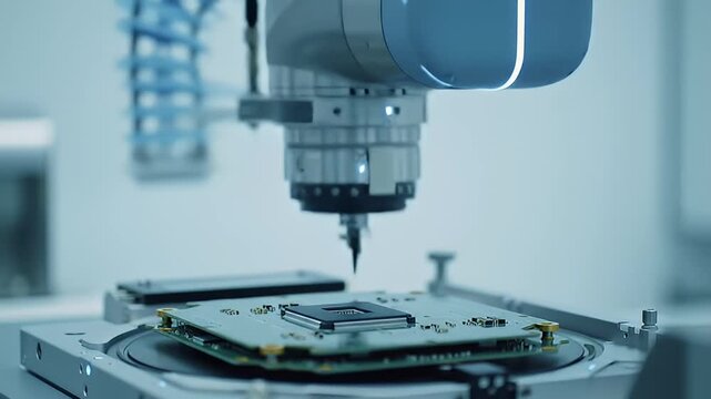 Circuit board being tested by precision machine in a clean room environment
