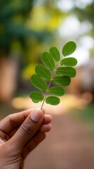 Close-up of a Hand Holding a Moringa Lea