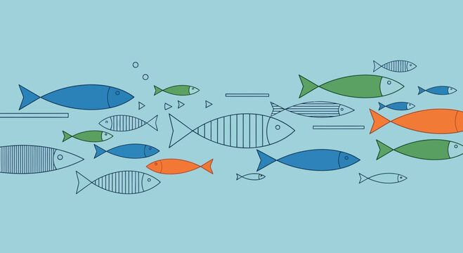 A graphic illustration of a school of colorful fish swimming in formation, symbolizing unity, leadership, and the journey towards a common goal