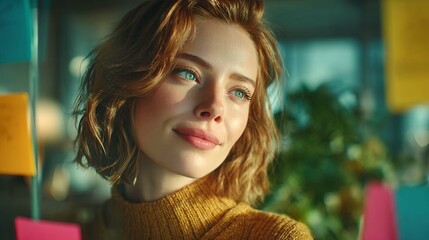 Obraz premium A woman with blonde hair and blue eyes is smiling at the camera. She is wearing a yellow sweater and is looking at the camera