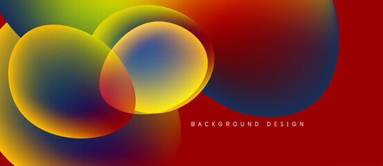 Abstract vibrant design features overlapping colorful circles. Red background provides contrast, text reads background design.