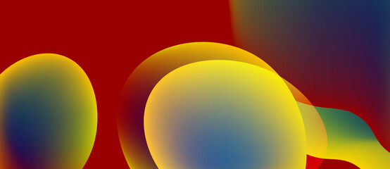 Abstract colorful shapes overlap. Vivid gradients create dynamic visual effect. Red, yellow, blue hues dominate composition. Smooth transitions present modern aesthetic.
