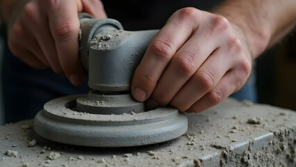 Detailed view of worker's hand using stone grinding machine
