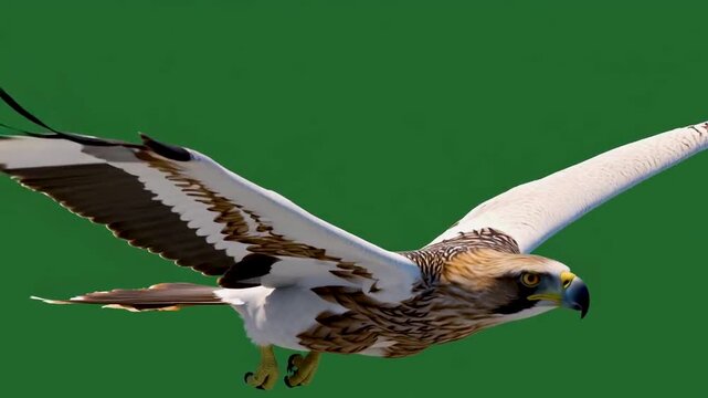 &aacute;guila real (Aquila chrysaetos) en primer plano, volando con las alas extendidas y mostrando su envergadura imponente. Fondo completamente verde uniforme tipo chroma key