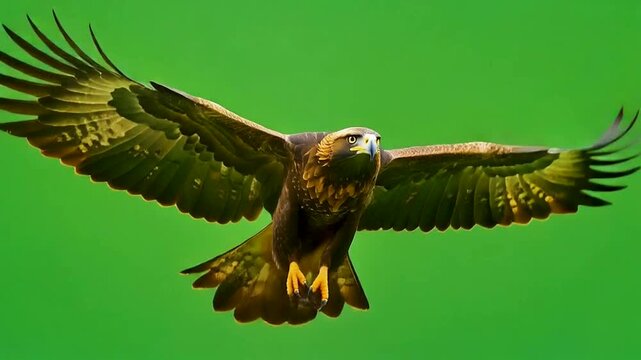 &aacute;guila real (Aquila chrysaetos) en primer plano, volando con las alas extendidas y mostrando su envergadura imponente. Fondo completamente verde uniforme tipo chroma key