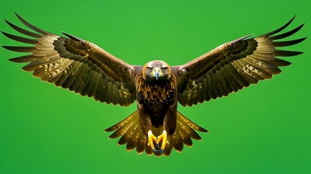 &aacute;guila real (Aquila chrysaetos) en primer plano, volando con las alas extendidas y mostrando su envergadura imponente. Fondo completamente verde uniforme tipo chroma key