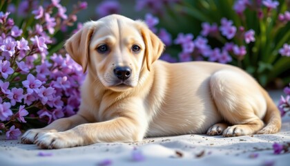 Labrador puppy lying on left, looking at camera, with soft lavender tones and dappled light, ample copy space on right for photo.