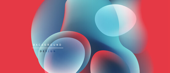 Abstract fluid shapes overlap, creating vibrant color gradients. Red background emphasizes blue, turquoise elements. Modern design aesthetic.