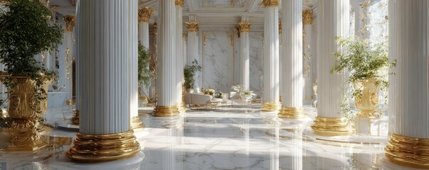 Naklejka premium Grand hall with white columns and gold accents