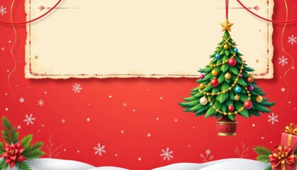 Festive Christmas tree ornament hanging at the bottom, with ample blank space above for copy, on a cheerful banner background, suitable for greeting card illustration.