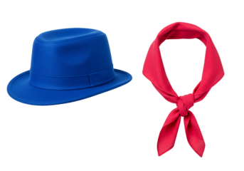 Blue fedora hat and red neckerchief fashion accessories on transparent background