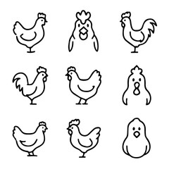 Chicken and Rooster Line Art Icons Farm Animal Outlines with Crests and Beaks.