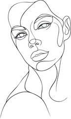 A minimalist line art portrait of a woman showcasing beauty and elegance in a modern style. Black on transparent background.