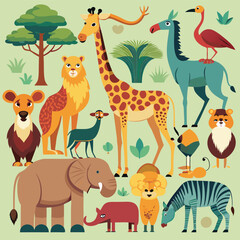 Fototapeta premium A vibrant collection of African animals in a stylized illustration.