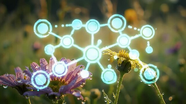 Abstract, glowing blue node graph layered over dew-kissed, colorful wildflower meadow