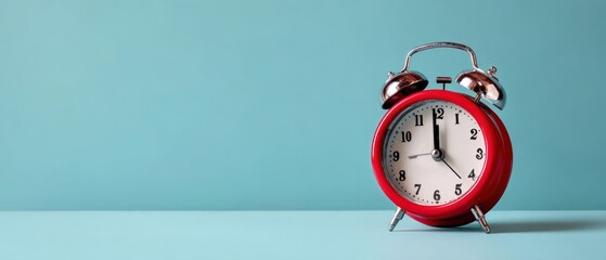 The Red Alarm Clock on a Minimal Pastel Blue Background with Copy Space