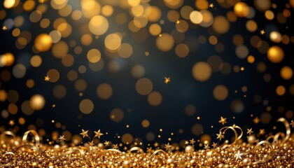 Abstract festive dark background with gold glitter and bokeh, featuring a celebratory subject positioned at the top, ample blank space at the bottom for copy