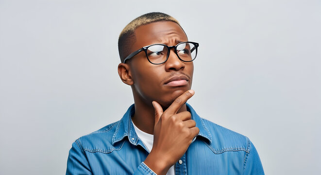 Young thoughtful man in denim shirt pondering decision making process pensive expression