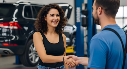 Happy Customer Handshake with Mechanic Car Repair Service Auto Shop Trustworthy Reliable Professional Service Excellence Client Satisfaction Automotive Maintenance Dealership Teamwork