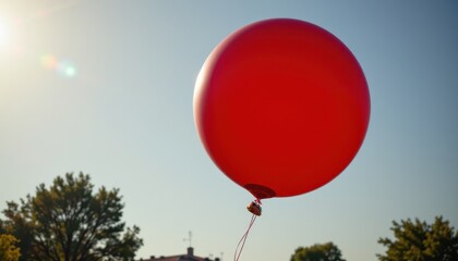 Red helium balloon floating upward, subject at the bottom with open space above, crisp sunlight, clear sky, minimal background for versatile use.