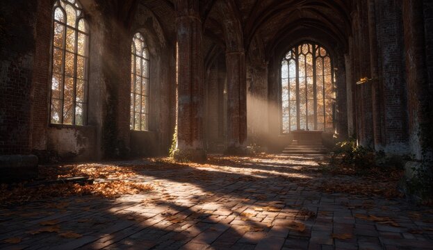 Sunlit interior of a decaying church