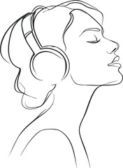 A stylish woman enjoying music with headphones in a serene profile silhouette illustration. Black on transparent background.