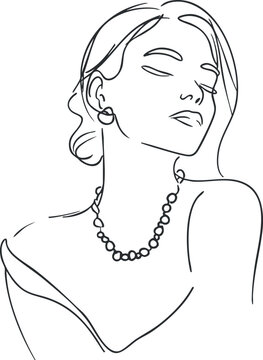 recommend clip art: Minimalist line art portrait of an elegant woman wearing a necklace and earrings. Black on transparent background.