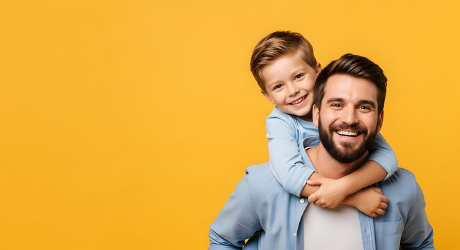 Happy Father and Son Piggyback Ride Studio Shot Yellow Background Family Love Bonding Childhood Dad Childrens Day - Powered by Adobe