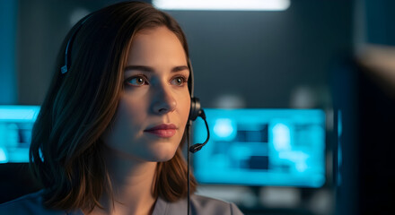 Focused female customer service agent wearing headset providing excellent support helpdesk assistance technology solutions