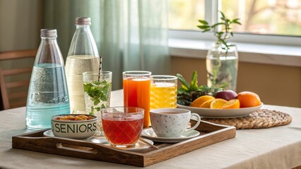 Refreshing hydration options cater to seniors' wellness in a warm and inviting indoor setting