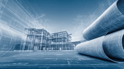 Striking Architectural Render of a Building with Detailed Blueprint Overlays on Construct Background, Ideal for Technical Creative Projects, Inspiring Innovation and Precision.