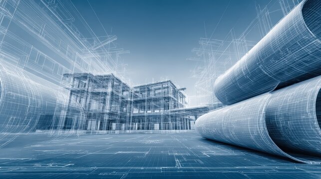 Striking Architectural Render of a Building with Detailed Blueprint Overlays on Construct Background, Ideal for Technical Creative Projects, Inspiring Innovation and Precision.