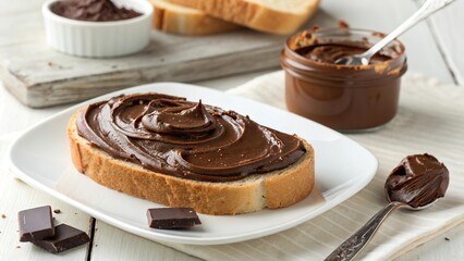 Crafting dark chocolate delight with spread almond butter on a crunchy slice, an afternoon treat to savor and enjoy