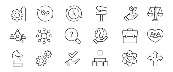 Fototapeta premium Core values line icon set. Core Values Outline Icons – Business, Ethics, Leadership, Creativity, Integrity and more. Vector illustration.