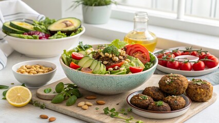 Colorful vegan and vegetarian feast showcasing fresh ingredients and flavors in a cozy kitchen setting