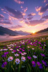 A vibrant field of wildflowers at sunrise, with mountains in the background and a soft mist.