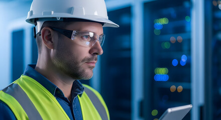 Data Center Technician Inspecting Servers with Tablet in Hand  High Tech Infrastructure Maintenance