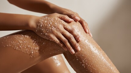 Exfoliating routine with sea salt scrub on smooth skin in natural light