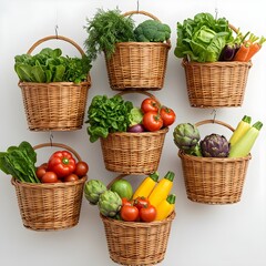 Hanging woven baskets filled with fresh assorted vegetables isolated on white background, natural organic food concept, healthy lifestyle decoration.