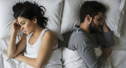 Couple in bed facing away showing relationship problems sadness upset disagreement conflict separation heartbreak loneliness emotional distress