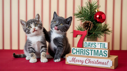 Two cute kittens pose next to a christmas countdown decoration with 7 days left