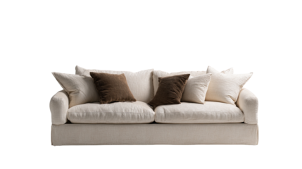 Cream linen sofa with brown accent pillows