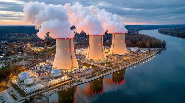 Nuclear Power Plant by River: An awe-inspiring aerial view captures the monumental structures of a nuclear power plant, billowing smoke against a dusky sky beside a serene river.